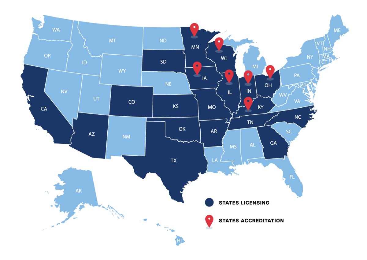 map showing Wilson Vet Co licensing and accreditation states